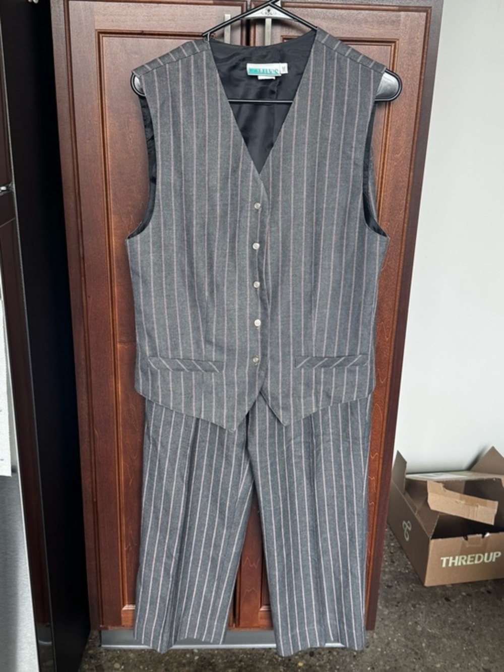 Vintage 80s Lilys of Beverly Hills Pinstripe Vest Pant Set Gray Red M 10